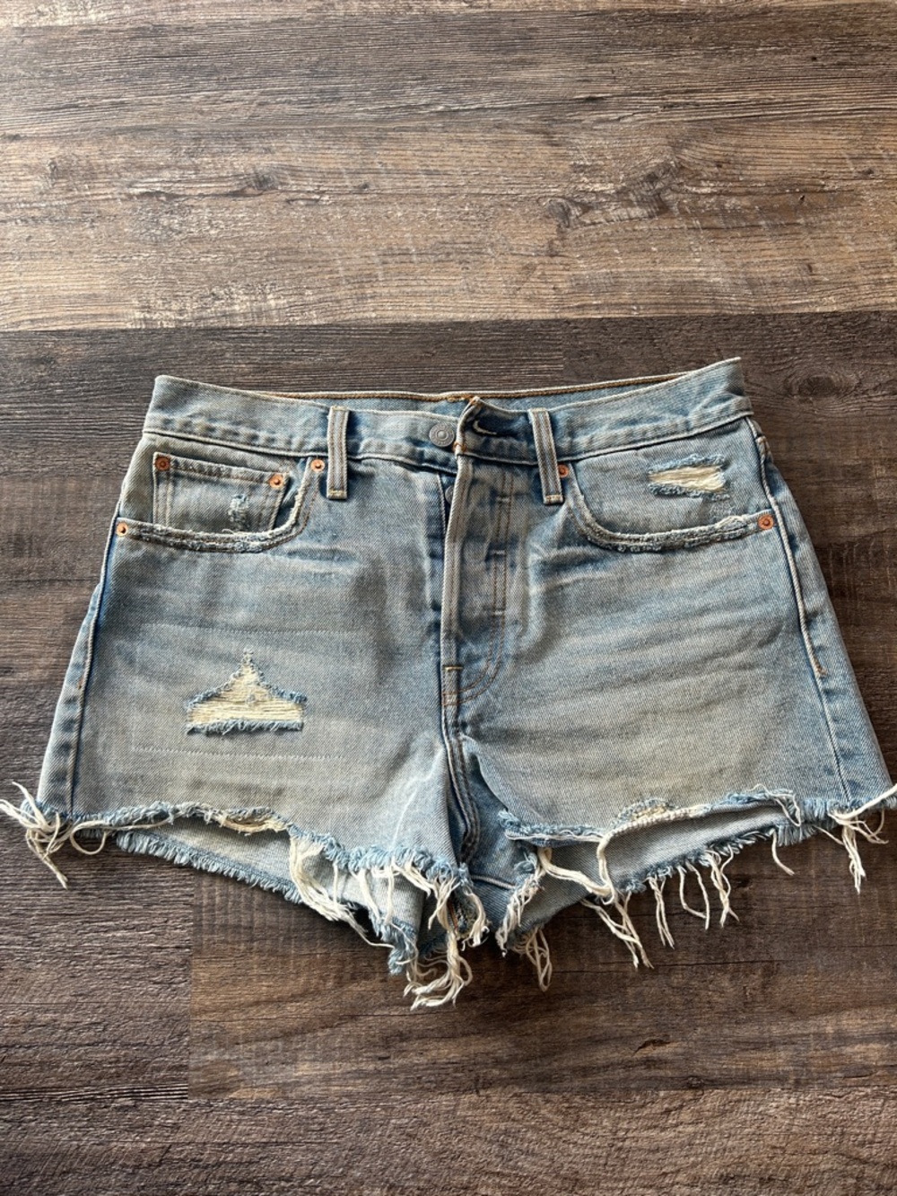 Levi's Light Blue Frayed Denim Shorts - Picture 2 of 4